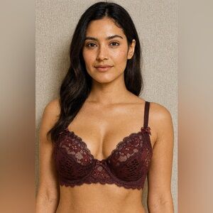 Adore Me Burgundy Lace Bra 32B Sheer Floral Mesh Underwire Lingerie NWT
